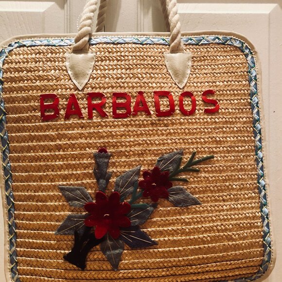 Vintage Barbados Straw Tote Bag Floral Embroidered Souvenir Rope Handle Purse - Picture 2 of 7